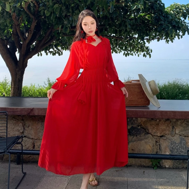 PS法式红色连衣裙高级感2024新款女夏季大摆玫瑰飘带长款青海湖红
