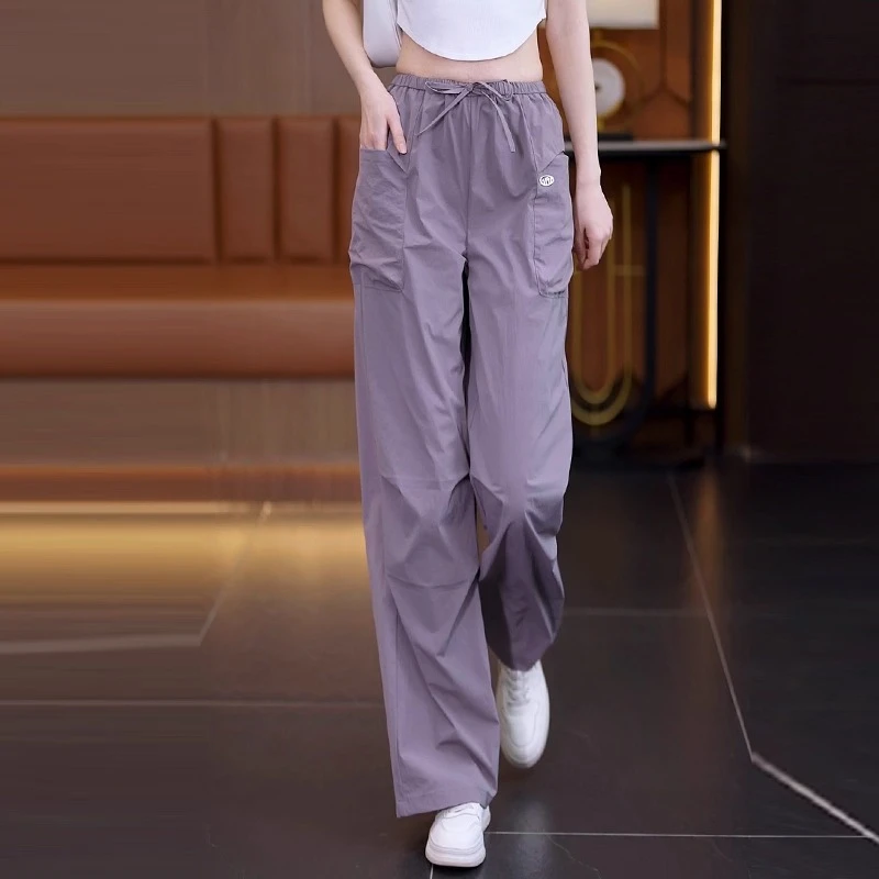 紫色冰丝工装裤女2025夏季高腰薄款垂感宽松速干纯欲慵懒风裤子