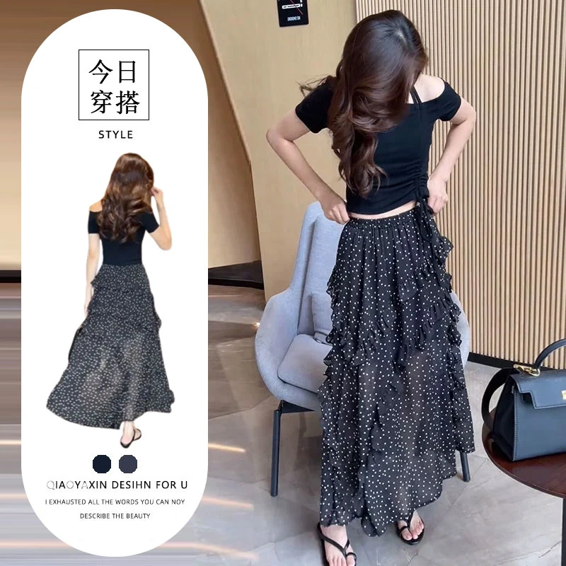 夏季绝美漂亮小套装度假风时尚减龄露肩短袖T恤波点半身裙两件套