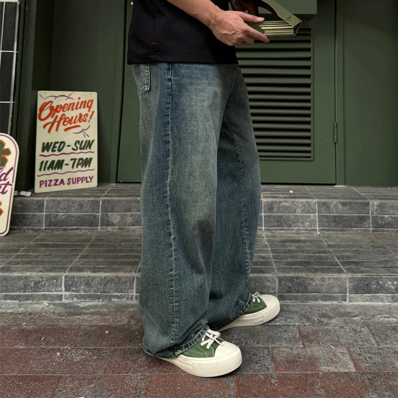 郑郑郑NEIQ做旧酵洗硫化牛仔裤老流氓雅痞复古水洗牛仔控阔版牛仔