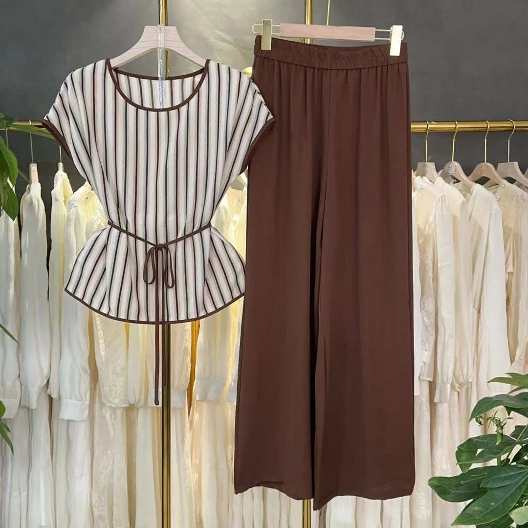 【三件套】时尚套装2025夏季新款休闲减龄上衣+阔腿裤+腰带套装M365