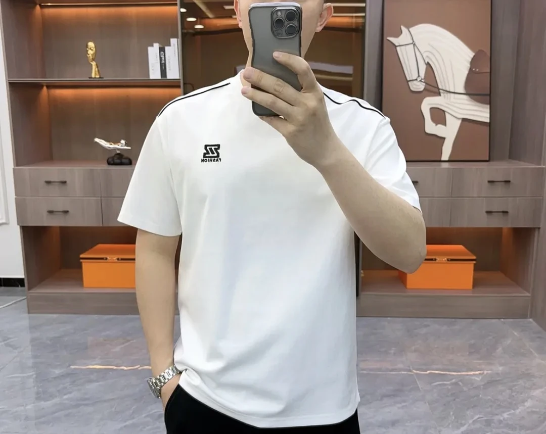 2025夏季男士新款短袖潮流时尚套头圆领刺绣百搭休闲半袖T恤衫ins