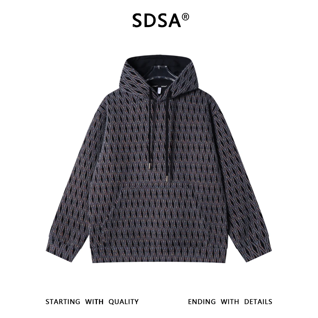 SDSA秋冬新款痞帅男装时尚撞色菱形绒毛抽绳连帽卫衣百搭时尚上衣