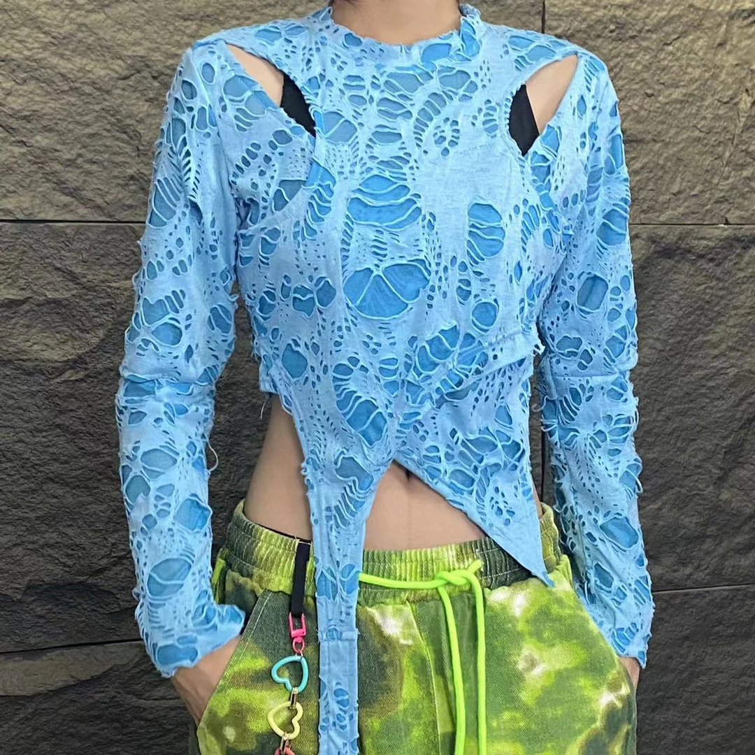 C24设计感假两件做旧破洞长袖T恤女2023秋季新款乞丐上衣潮不规则