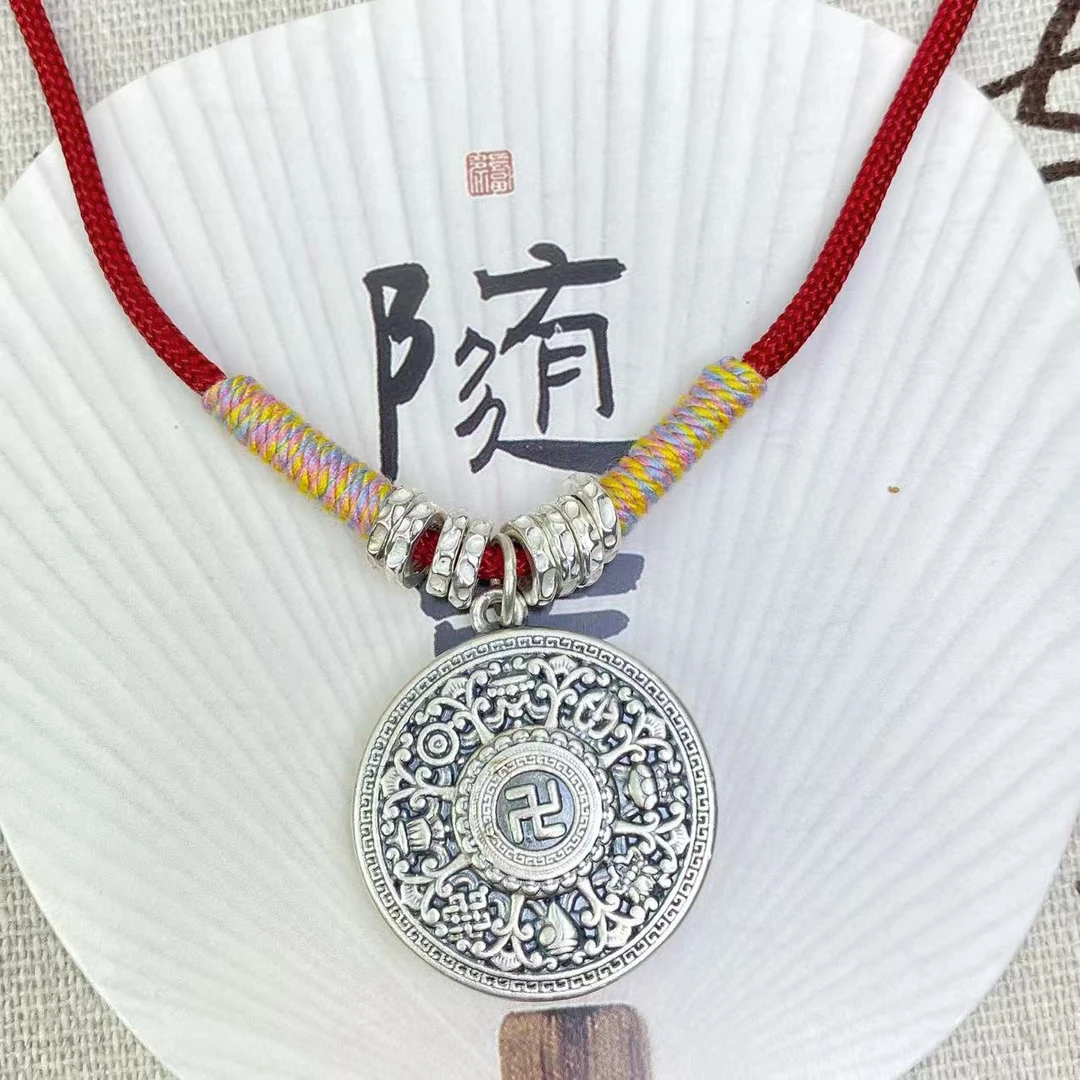 吊坠足银 足银八宝罗盘吊坠项链毛衣链 手编银饰项链