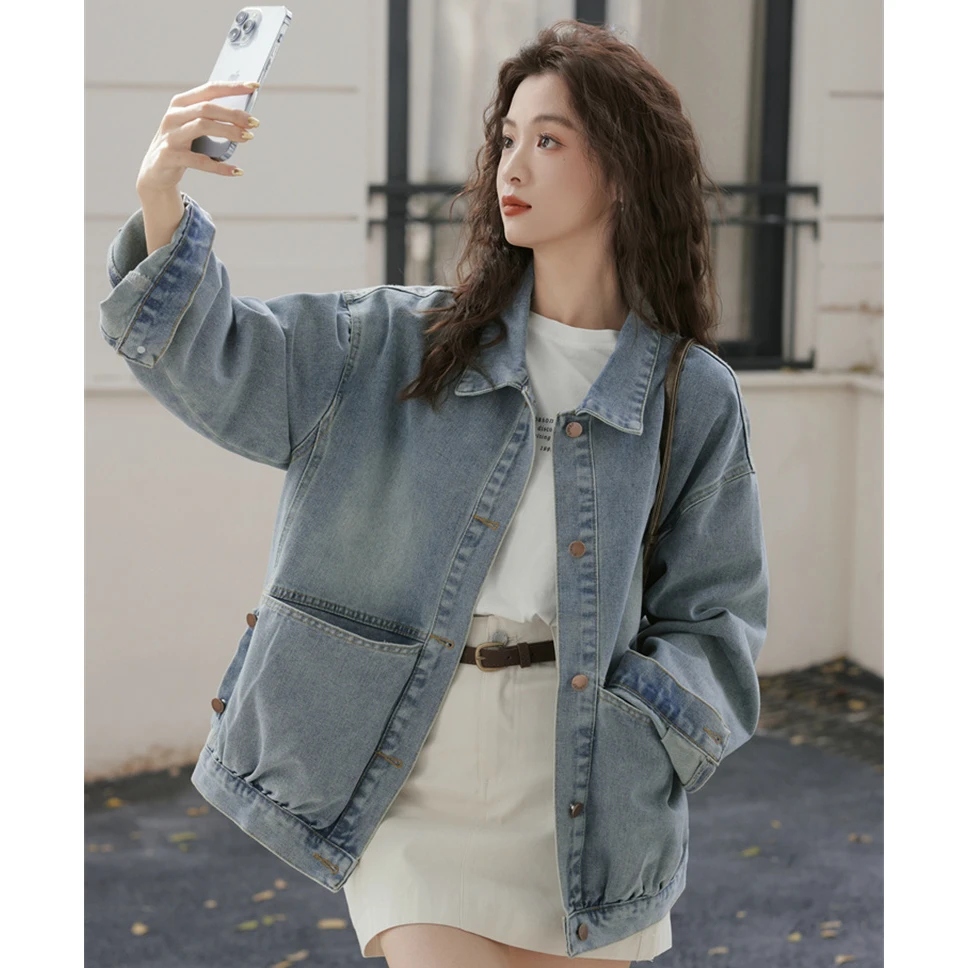 美式蓝色牛仔外套女春秋季2025新款韩版宽松独特超好看小个子外套