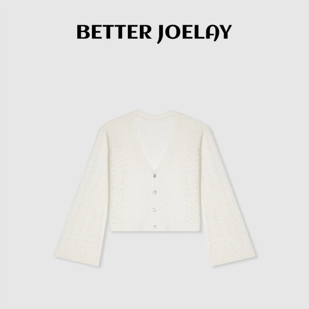 BETTERJOELAY -【花样镂空】V领开衫流苏气质长袖透气毛衣LL5069