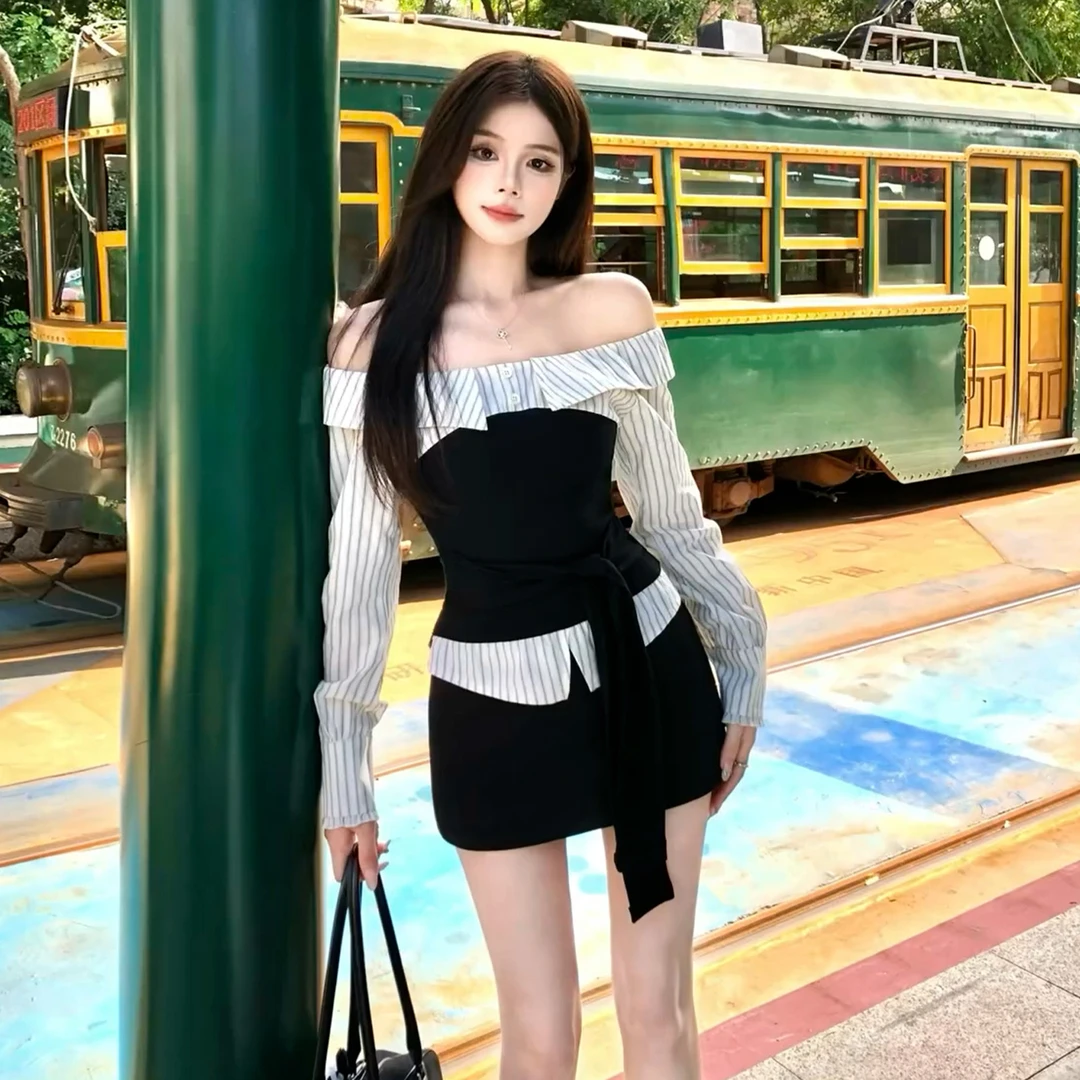 2025新款韩系学院风一字肩条纹套装连衣裙子女早秋季包臀短裙套装