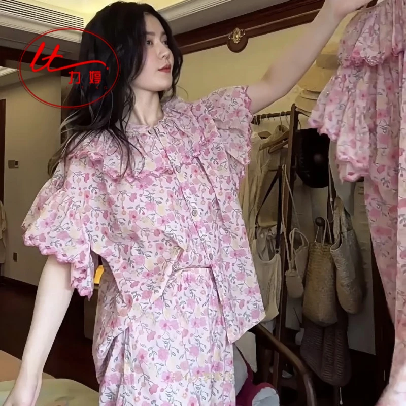 力婷睡衣女士薄款短袖短裤碎花圆领开衫家居服可外穿宽松大码套装