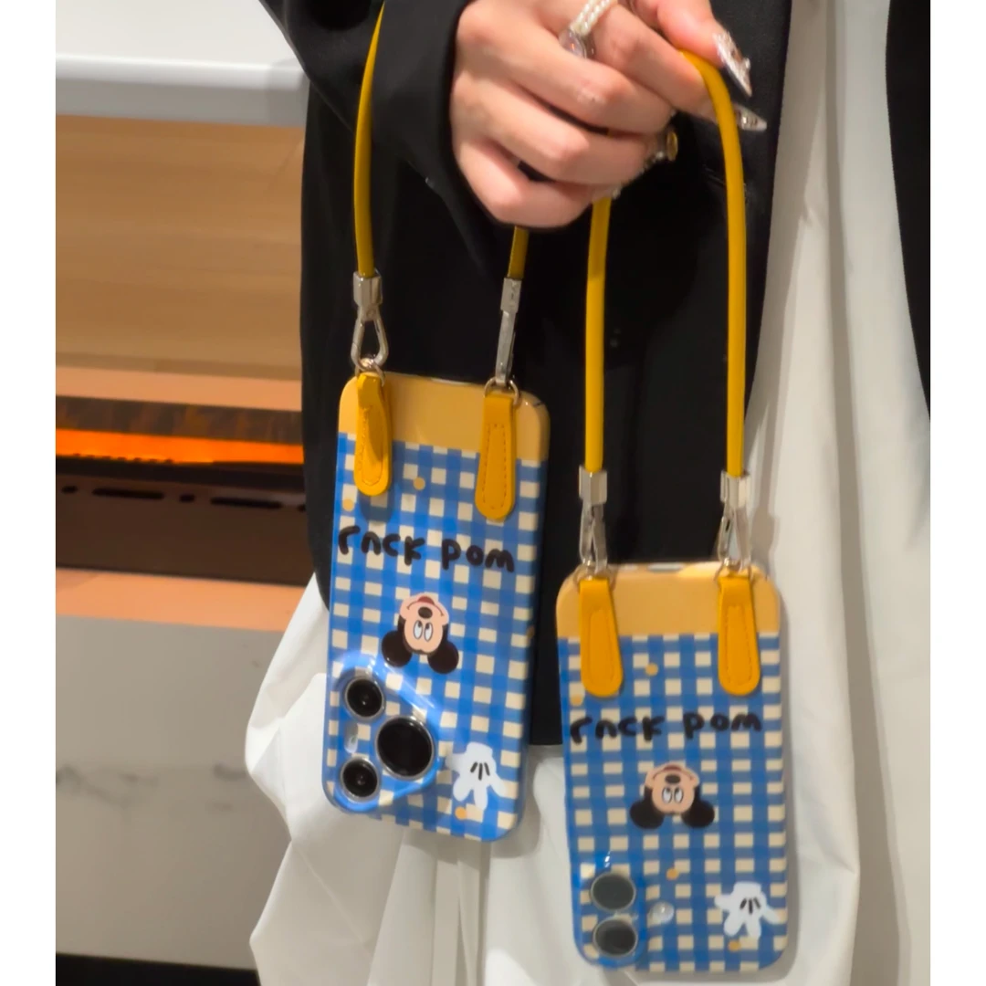 波点蓝格纹米奇皮绳适用苹果16菲林手机壳华为oppo小米vivo