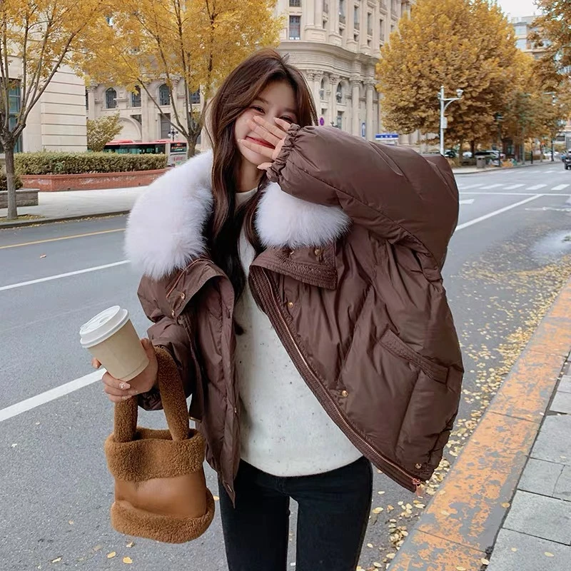 美拉德咖色短款大毛领羽绒服女冬2025新款时尚加厚保暖白鸭绒外套