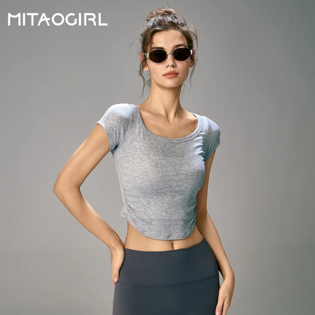 MITAOGIRL肯豆瑜伽女夏季裸感修身运动上衣短袖T恤跑步训练健身服