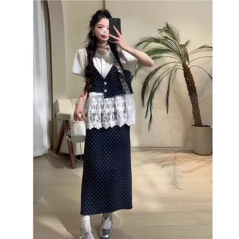 5201【YoYo专属】夏季新款蕾丝拼接波点假两件短袖衬衫高腰显瘦套装