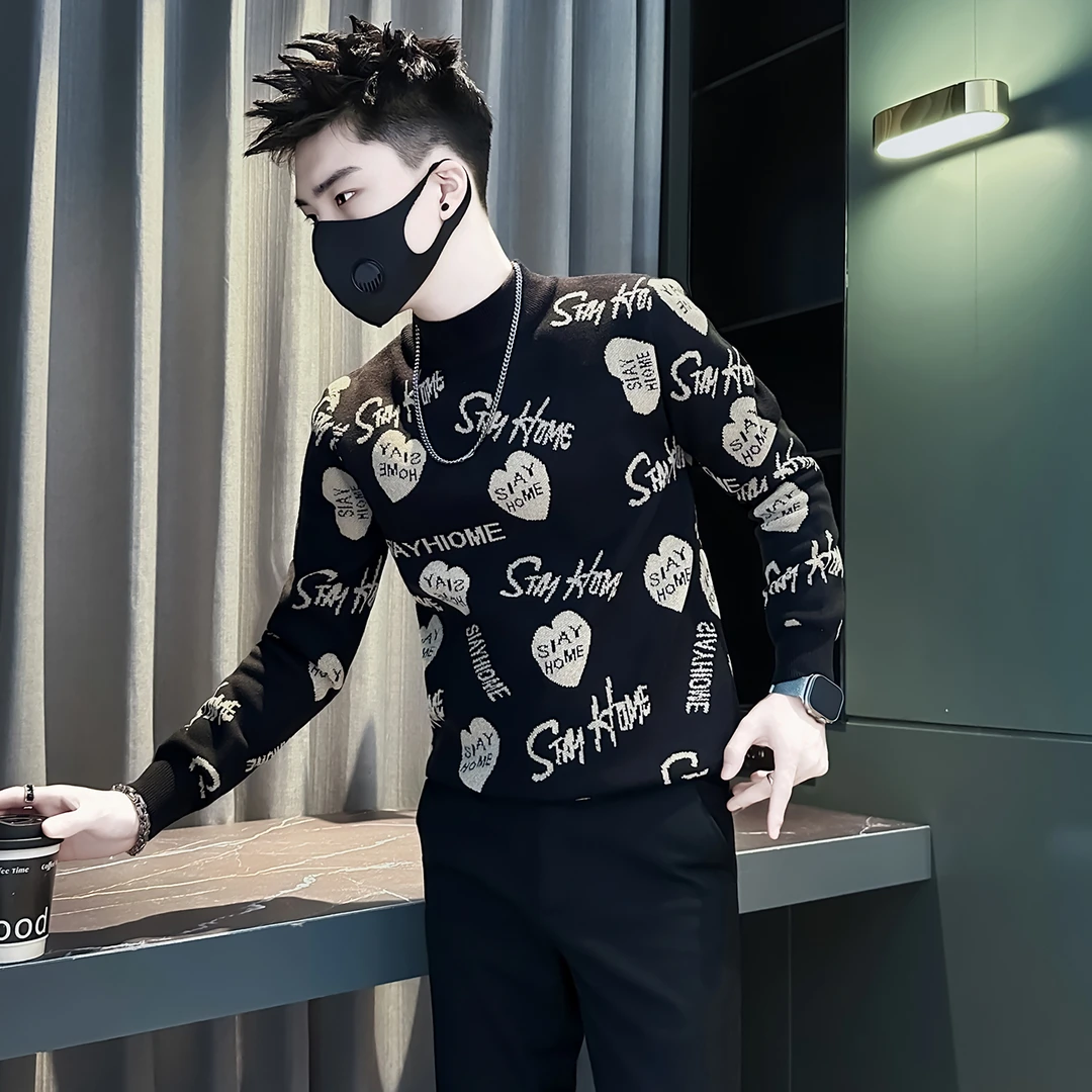 男士半高领毛衣爱心提花痞帅针织衫修身潮牌高级感网红长袖打底衫