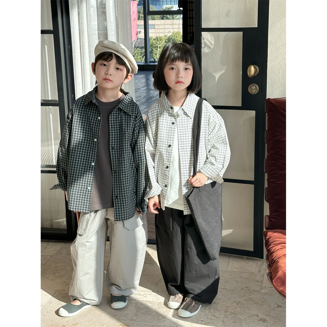 in 爱：mx25春季儿童日系宽松格子衬衫男女童百搭翻领小众衬衫225