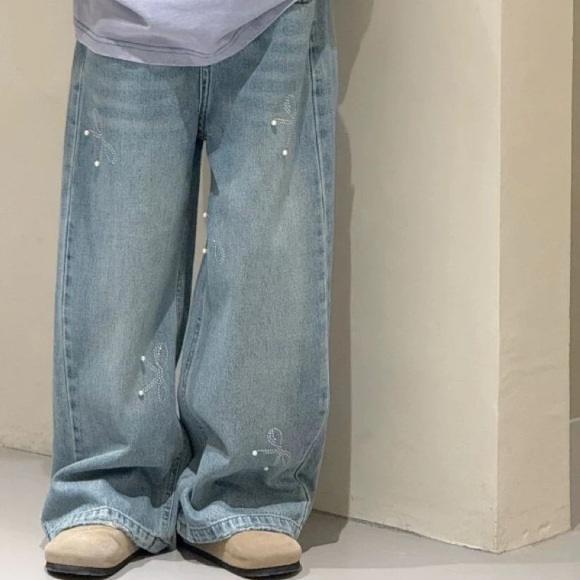 儿童裤子2025春季新款女童韩版880229蝴蝶结钉珠中大童牛仔长裤