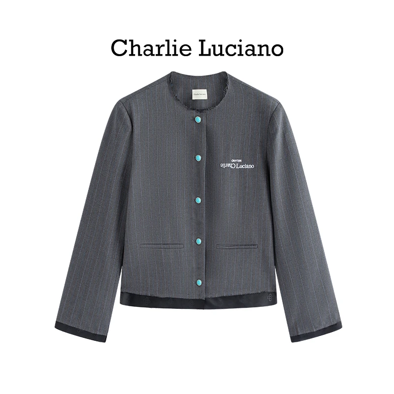 CharlieLuciano圆领破坏条纹短西装春秋长袖短款时尚休闲西服商务