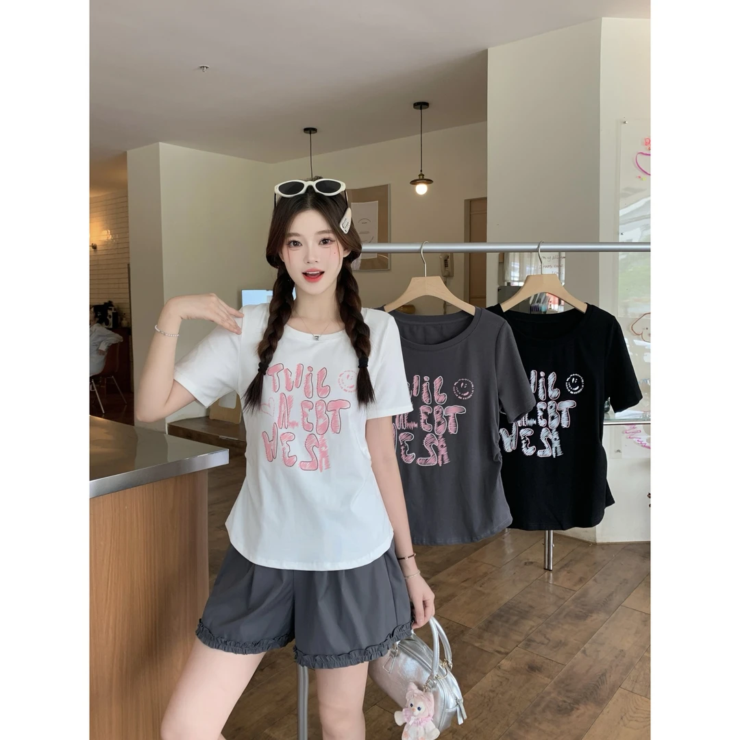 清长2025夏款胖mm大码爱心字母印花褶皱短袖T恤修身显瘦上衣64875