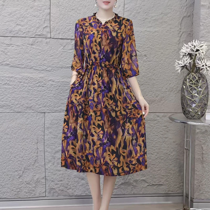 【丝绸之路】夏季新款时尚气质女装一粒扣连衣裙洋气妈妈装6495