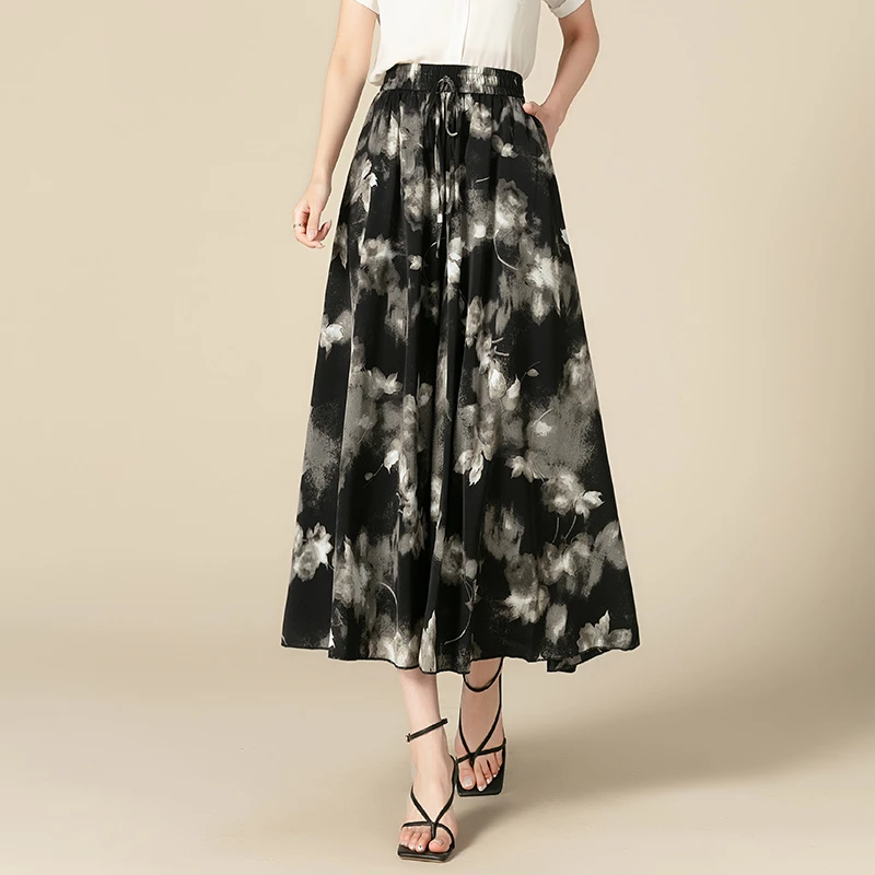 印花薄款裙裤女冰丝雪纺夏季休闲大摆花裤子中老年女裤九分阔腿裤