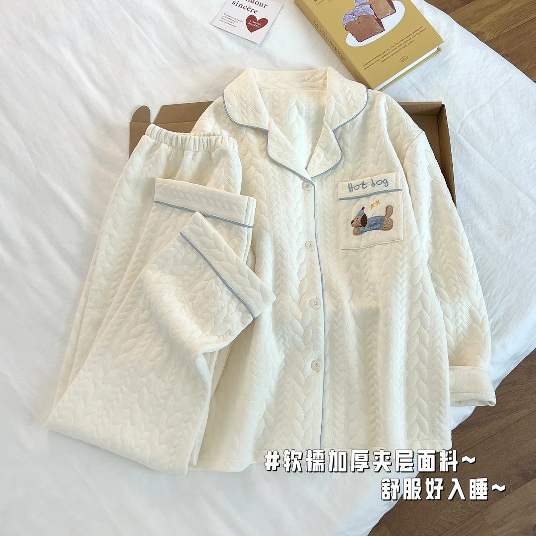 网红腊肠狗空气棉夹层睡衣女款秋冬季厚款保暖长袖长裤可爱家居服