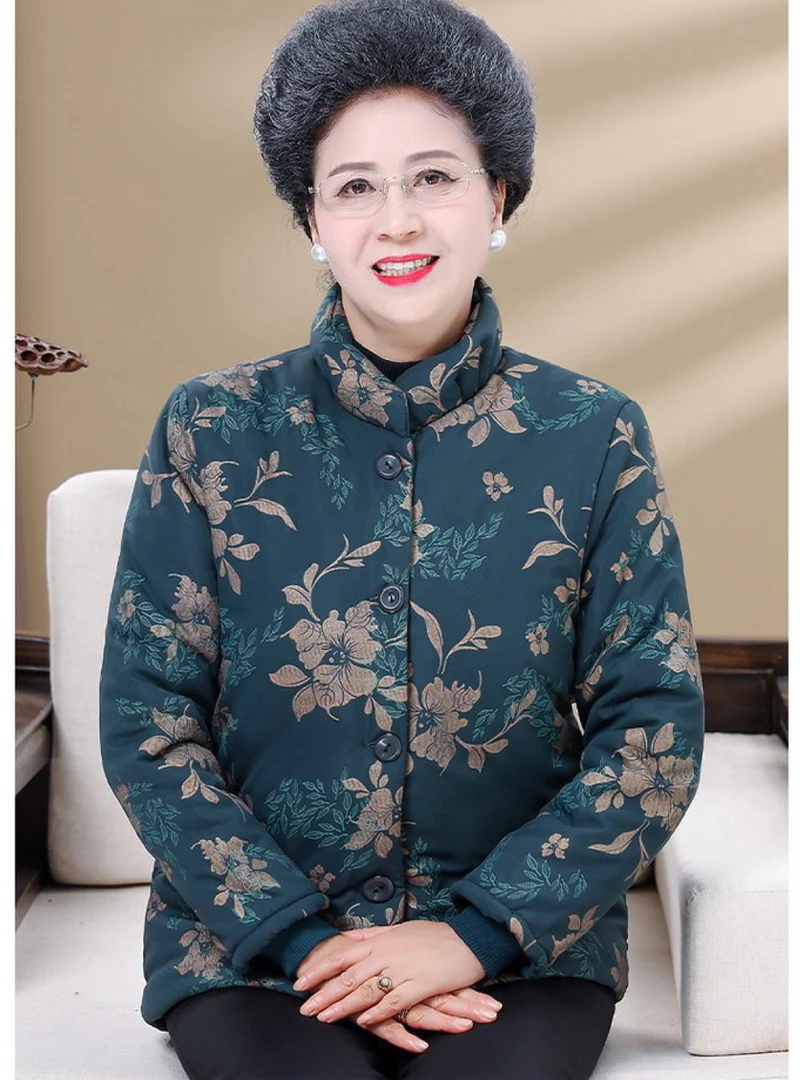 25年冬 富态妈妈加绒加厚防风中老年女士冬季外套花棉袄保暖