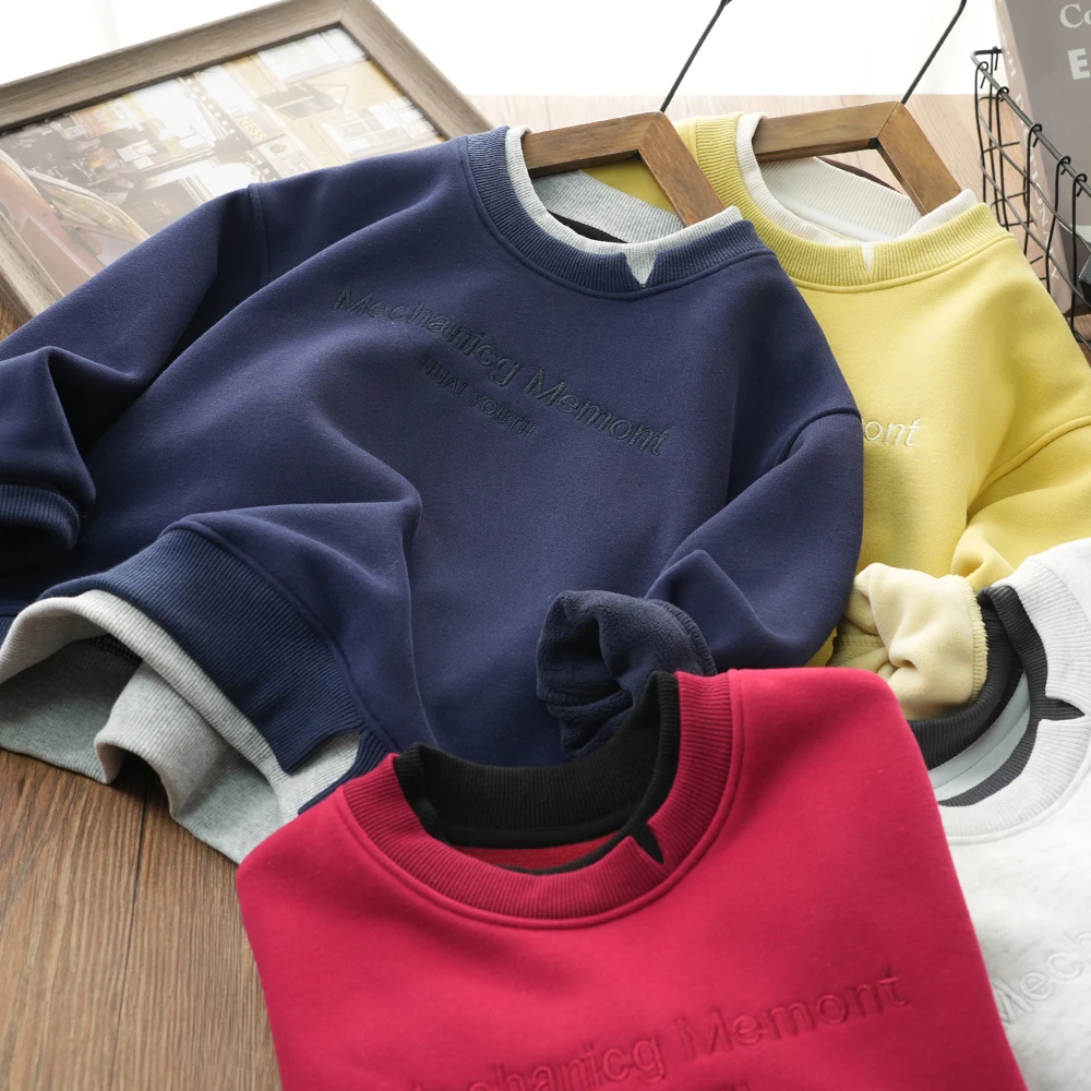 秋冬新款男童假两件字母刺绣加绒卫衣中大童时尚上衣25434