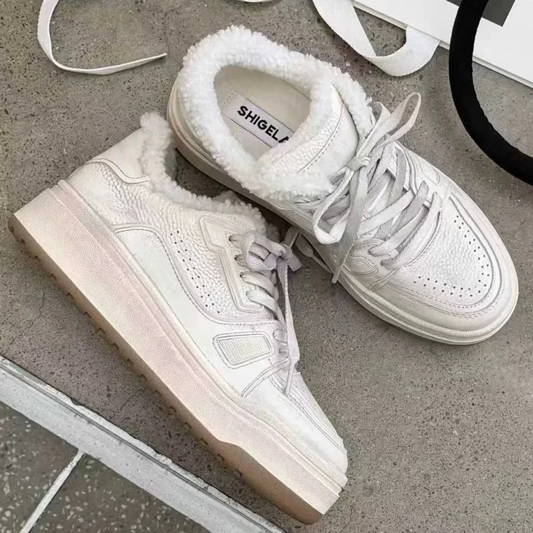 诗歌兰正品2025冬牛皮加绒厚底高帮板鞋经典ins加绒休闲板鞋棉鞋