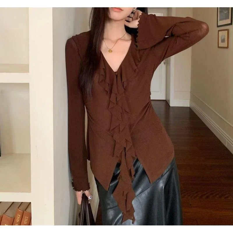 5363号15320#秋纯色法式花边设计开襟网纱长袖气质显瘦上衣E4-43