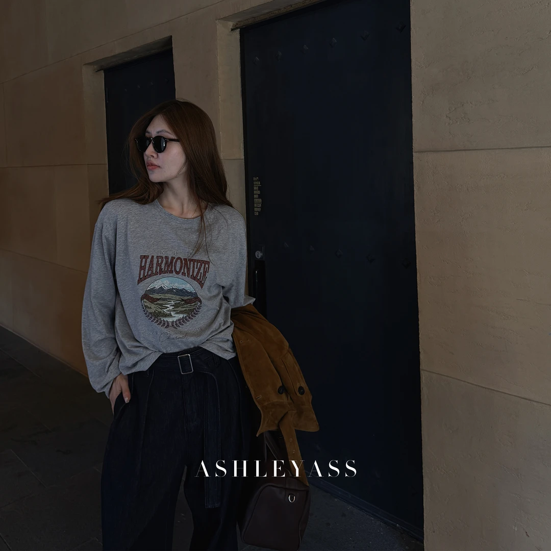 【ASHLEYASS】“云朵复古美式T”山脉图案复古纯棉长袖上衣LST251139W