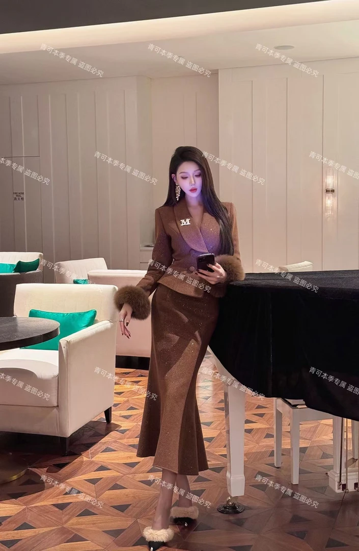 小雨专属羊毛羽绒狐狸毛套装】小香风时尚秋冬外套套装L241047