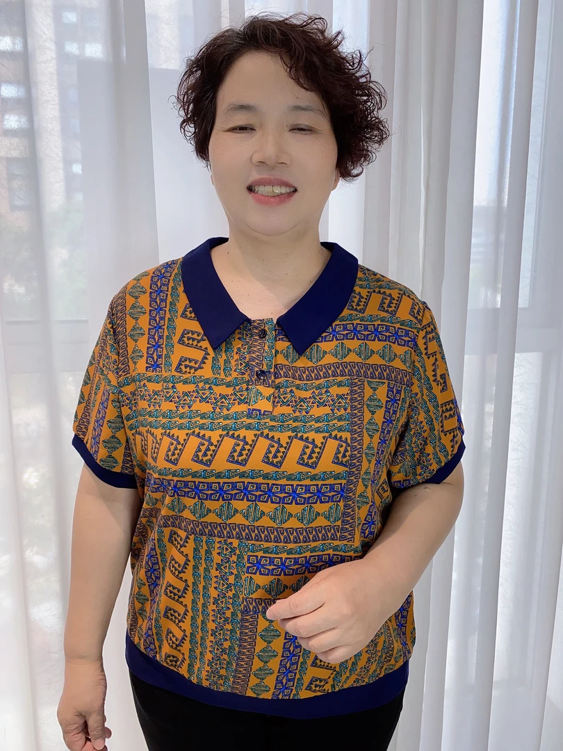 时尚气质薄款印花夏季翻领中老年妈妈装大码休闲百搭宽松透气2592