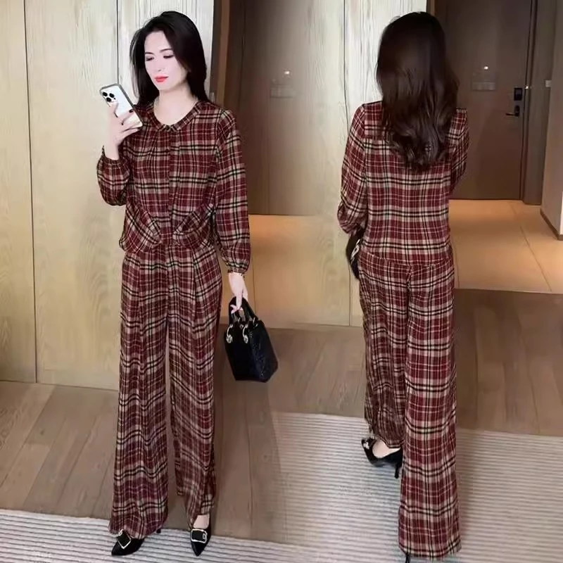 时尚洋气格子套装女2025春季新款宽松显瘦衬衫阔腿裤休闲两件套潮