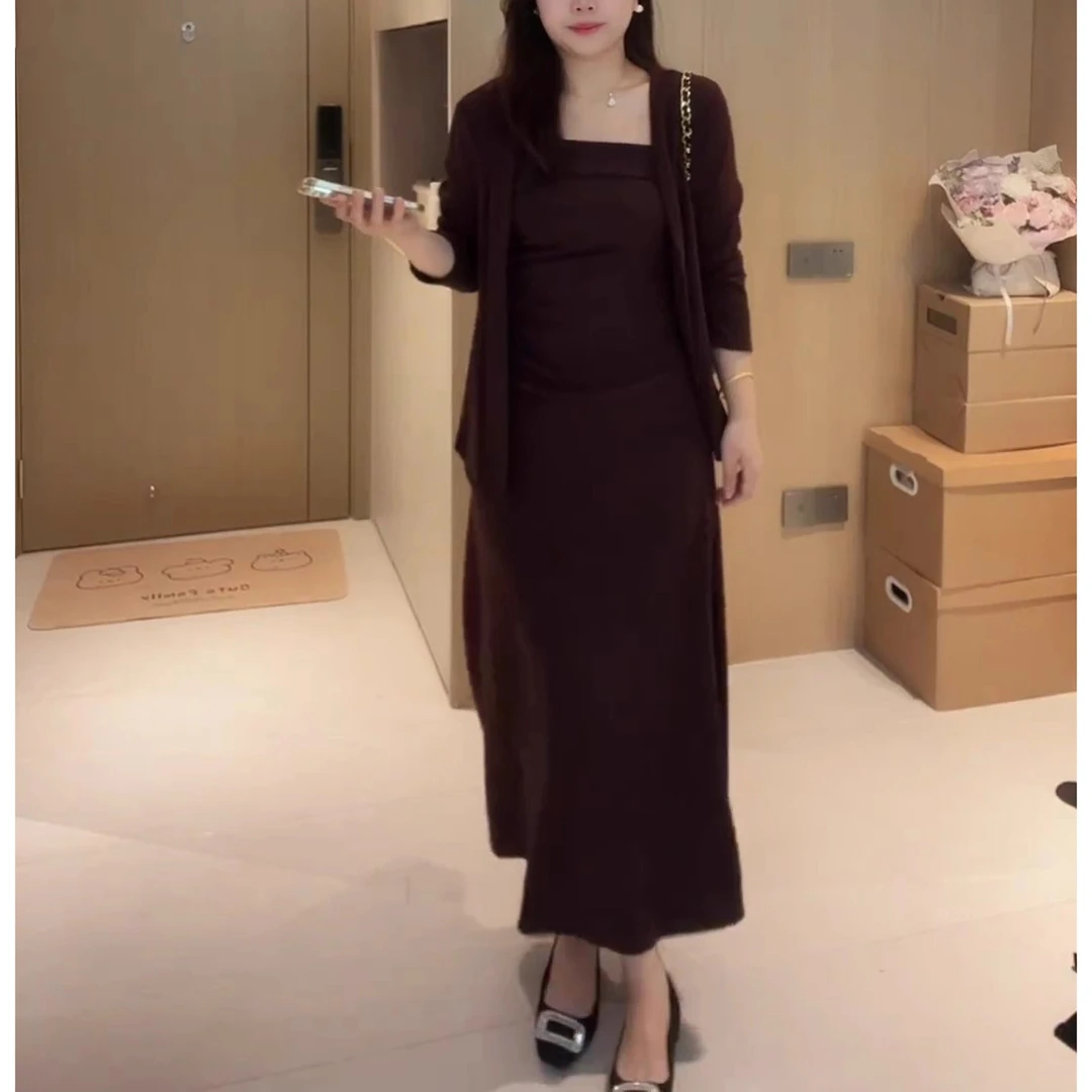 秋季新品洋气吊带时尚开衫半裙套装日常气质长袖遮肉法式三件套装