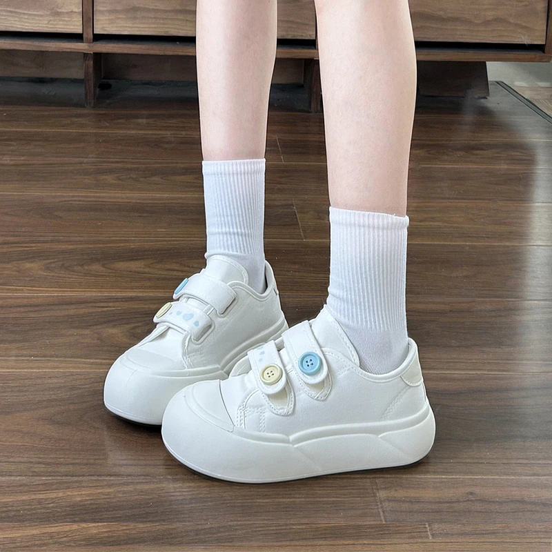 易少年 夏季薄款帆布鞋魔术贴厚底增高板鞋女可爱圆头鞋子小白鞋