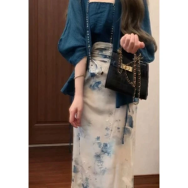 中式国风复古改良元素印花抹胸吊带半身裙夏季开衫三件套汉服套装