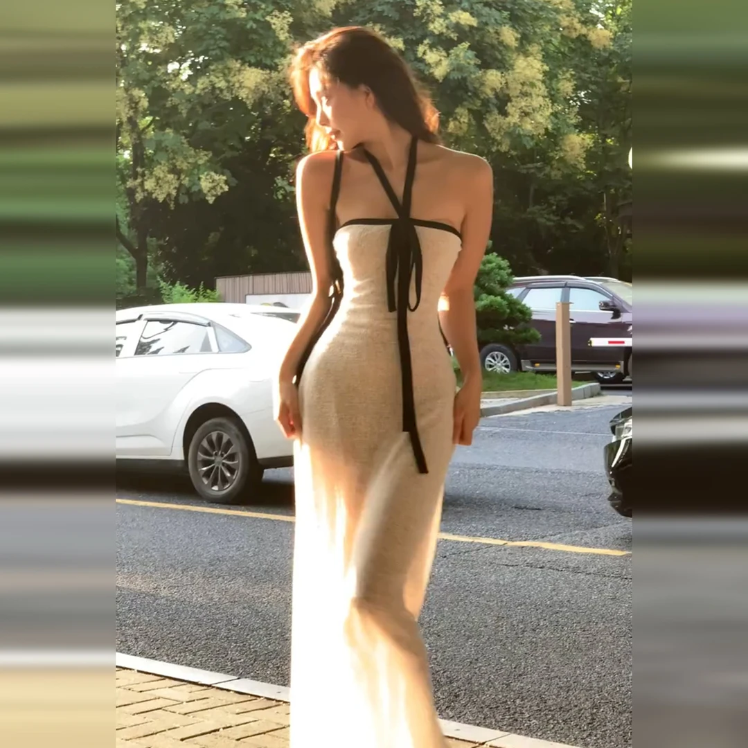 法式气质抹胸挂脖吊带连衣裙女夏季2025新款漂亮修身包臀长裙4670