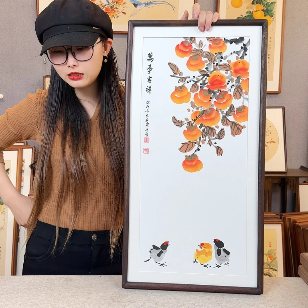 国画纯手绘，纯手写带框尺寸：36×69厘米