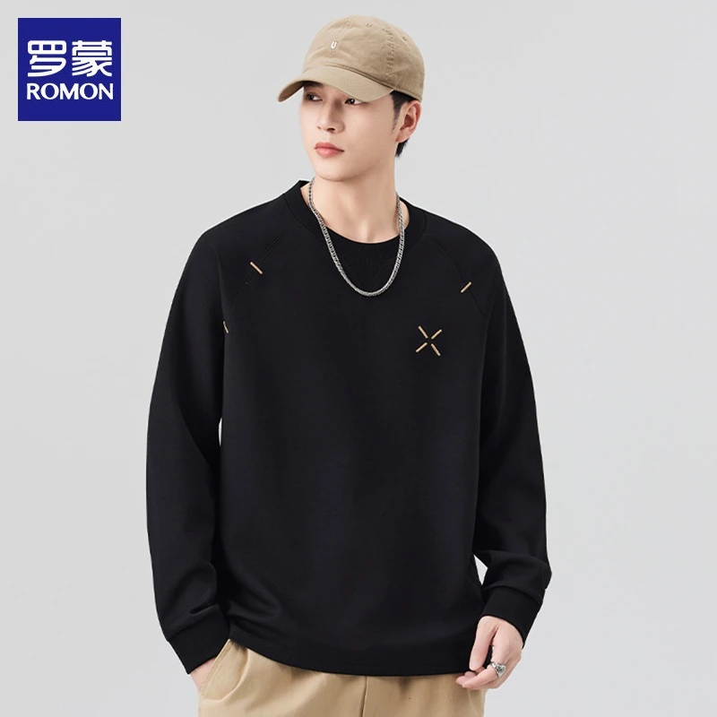 罗蒙男士长袖卫衣2025秋季新款圆领潮流简约休闲慵懒风打底衫男装