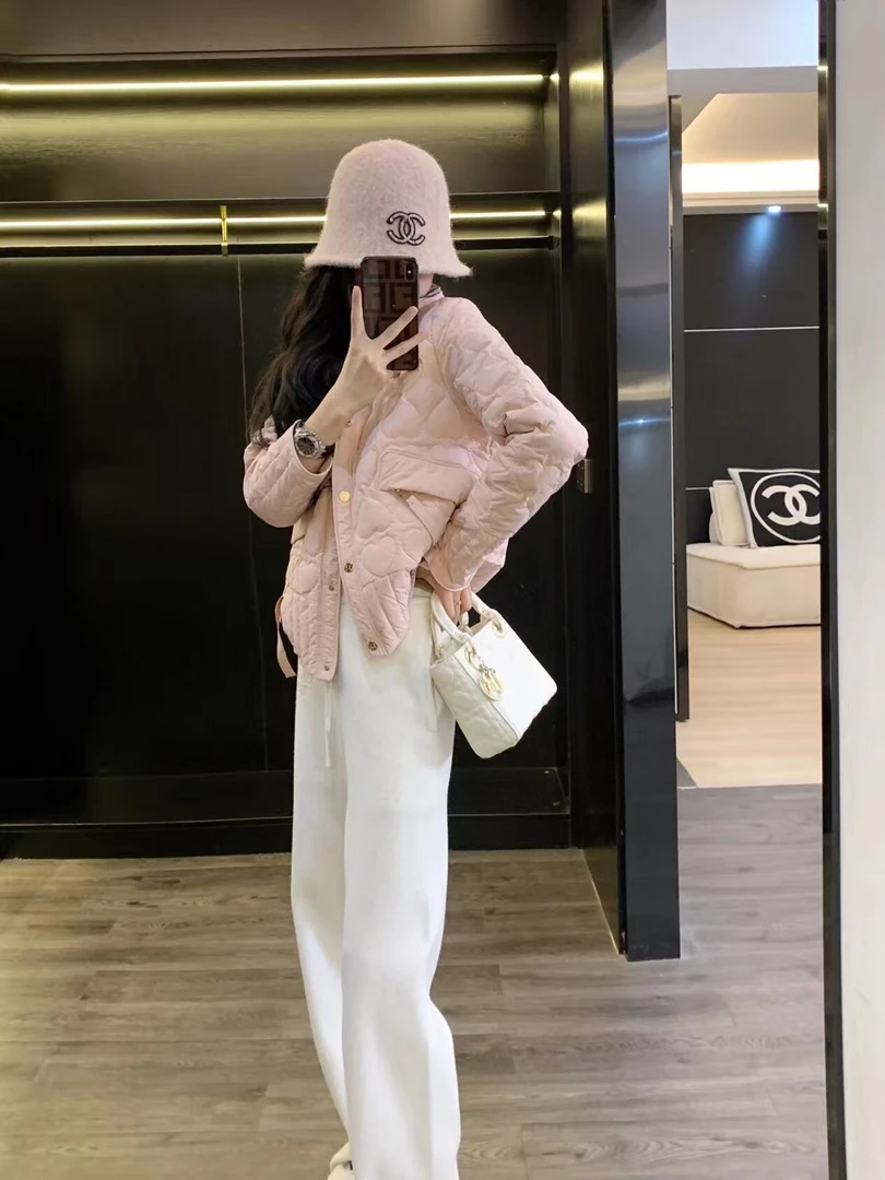 2025冬装高级感粉色小香风轻薄棉服女休闲宽松直筒阔腿裤两件套