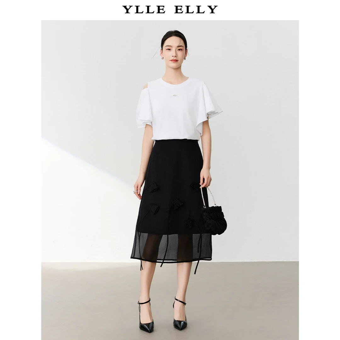 YLLE ELLY气质半身裙2025夏季新款时尚高腰立体提花A字显瘦小黑裙