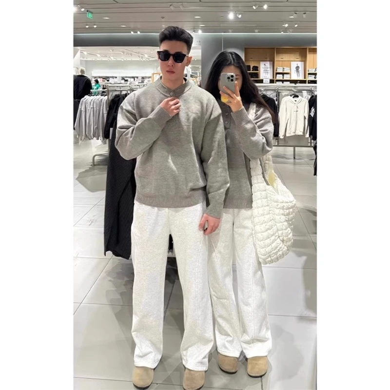 浅灰色美式亨利领毛衣男款冬季慵懒高级感针织衫情侣装内搭打底衫