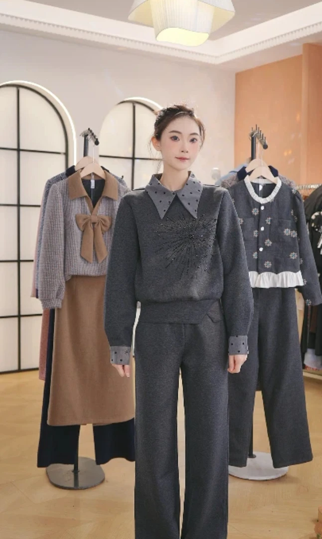 F3065百搭新款时尚洋气运动翻领卫衣卫裤休闲两件套秋季