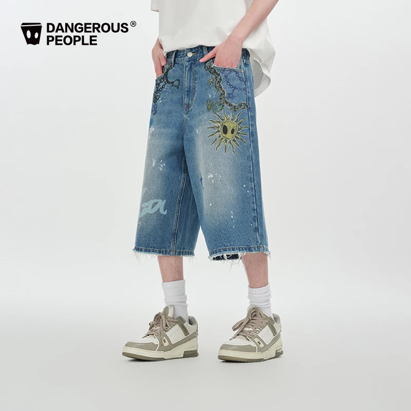 Dangerouspeople薛之谦dsp潮酷街头涂鸦百搭七分裤男款牛仔短裤