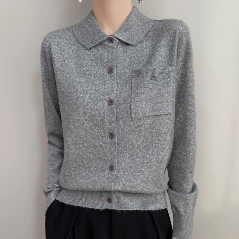 【崔万志工厂】精纺羊毛翻领带兜针织开衫春秋显瘦长袖洋气打底衫