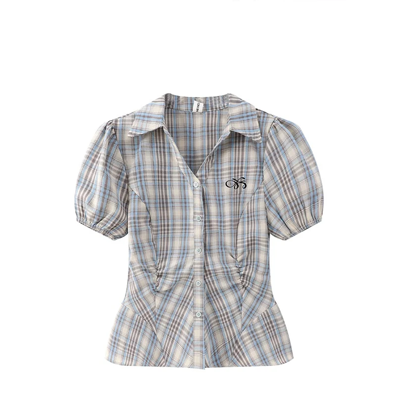 2025新蓝色格子短袖衬衫女夏设计感衬衣泡泡袖学院风收腰短款上衣