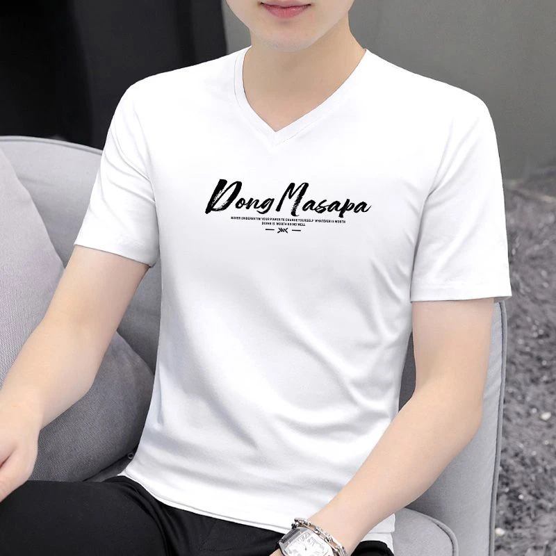 2025潮流夏季新款印花男士短袖t恤V领上衣半袖男修身体恤打底衫