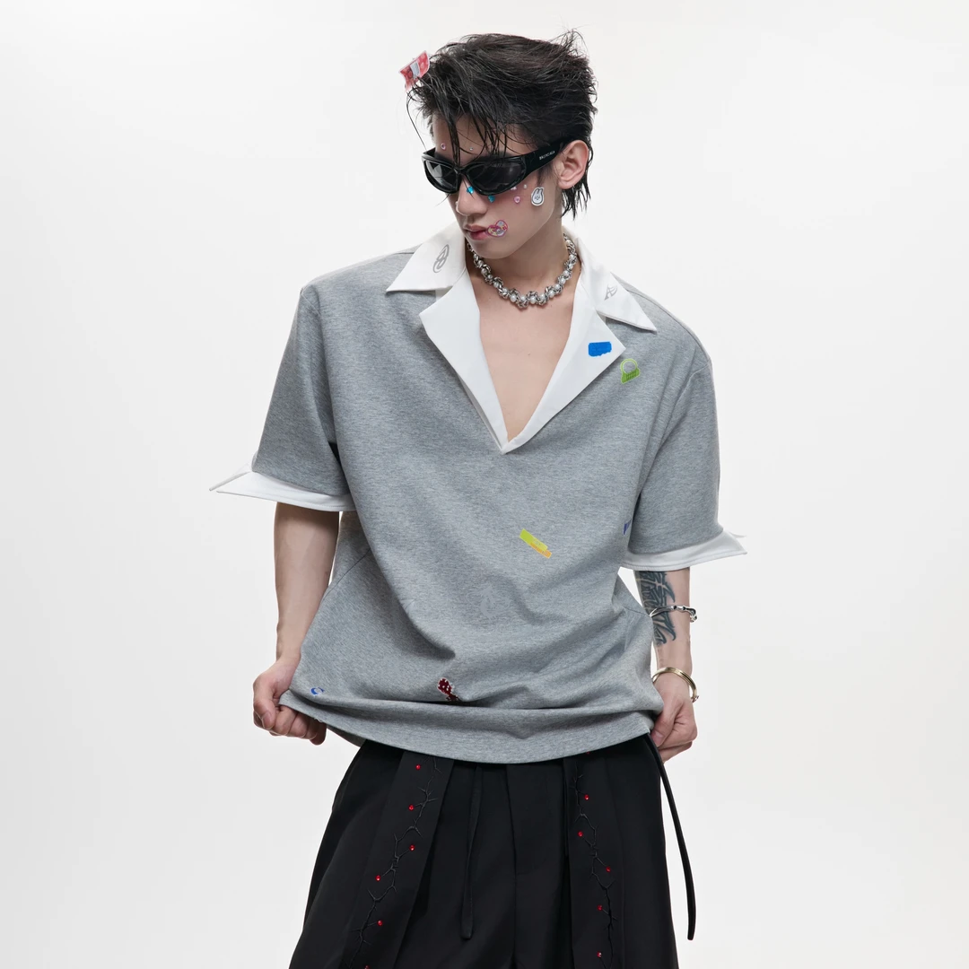 ArguE CulturE纸痕童梦小众夏季趣味贴纸印花短袖V领假两件Polo衫