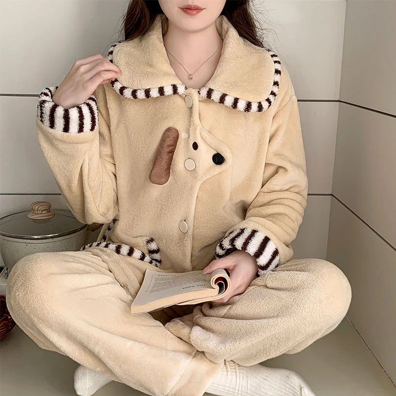 卡通小狗加厚珊瑚绒睡衣女款秋冬季爆款法兰绒保暖家居服套装外穿