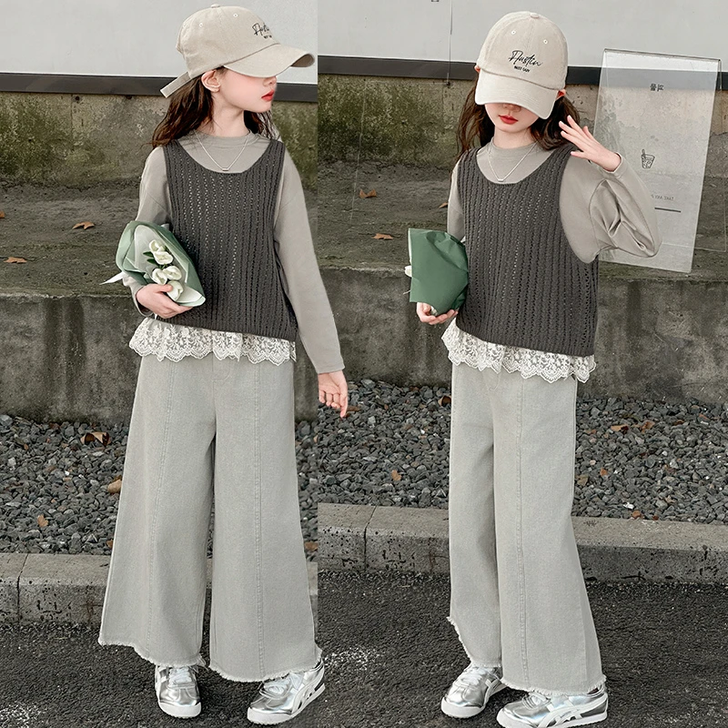 女童春季套装2025新款春装中大童时尚镂空马甲蕾丝卫衣阔腿裤套装